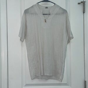 White Cotton Henley Short Sleeve Shirt, Size M